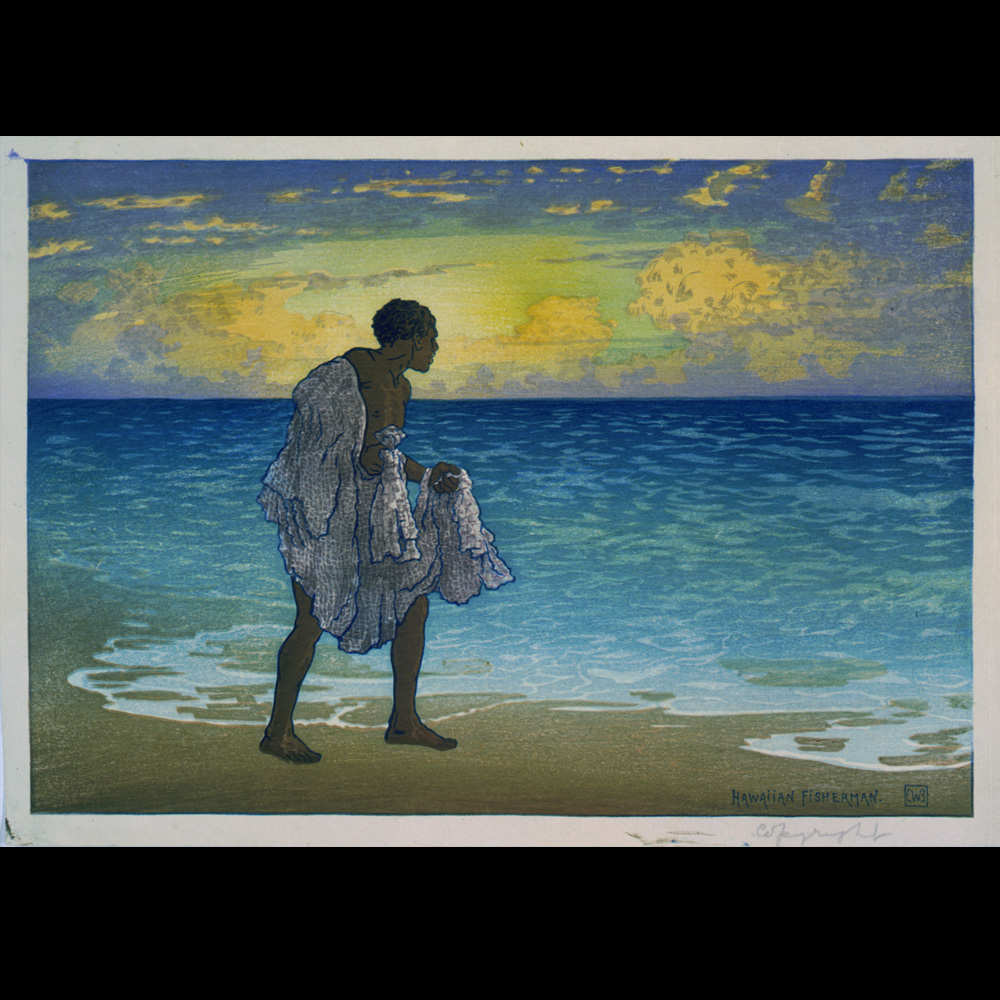 Color woodcut of a fisherman on the shore.