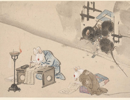 Two white mice dressed in human clothes transcribe a scroll at a tiny desk while three brown mice peer through a hole in the wall.